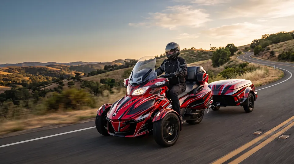 Touring three-wheel roadster and its trailer wearing the same bold red, black and silver graphics on an open highway at sunset